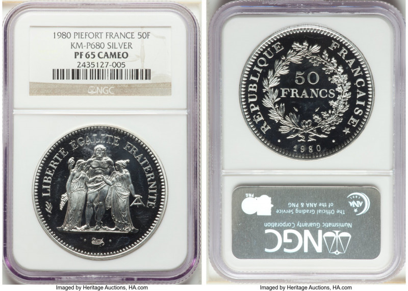 Republic silver Proof Piefort 50 Francs 1980 PR65 Cameo NGC, KM-P680. Mintage: 2...