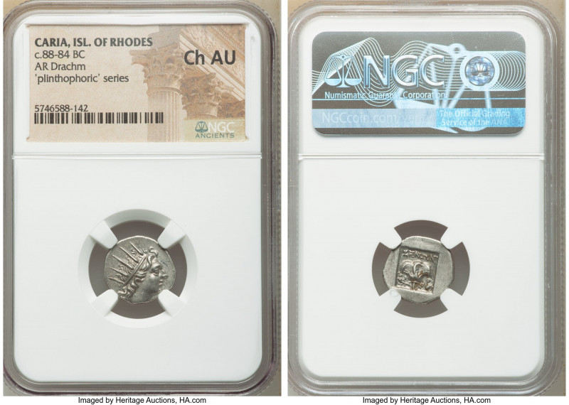 CARIAN ISLANDS. Rhodes. Ca. 88-84 BC. AR drachm (15mm, 1h). NGC Choice AU. Plint...