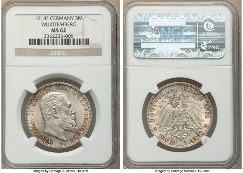 Württemberg. Wilhelm II 3 Mark 1914-F MS62 NGC, Stuttgart mint, KM635. 

HID09...