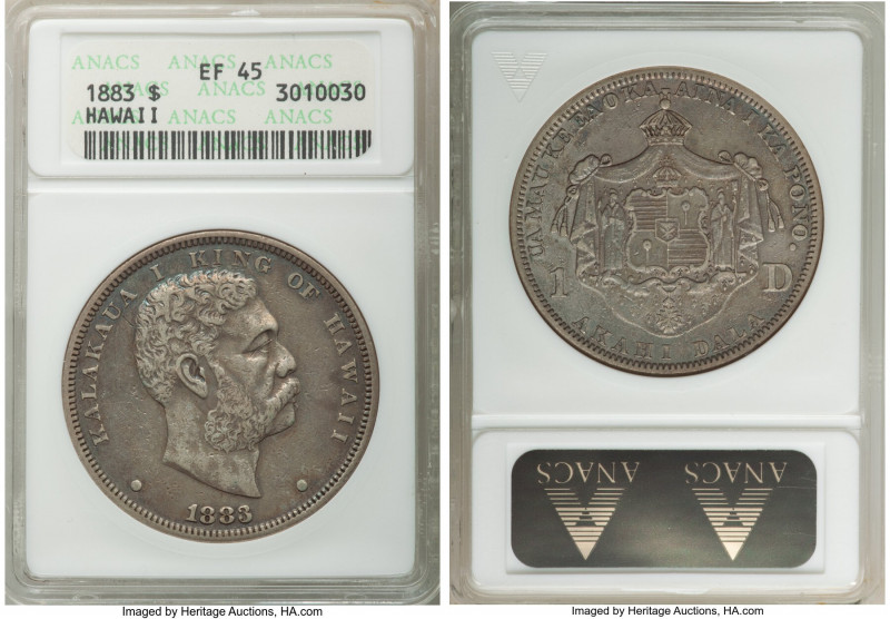 Kalakaua I Dollar 1883 XF45 ANACS, KM7. An appealingly toned specimen with sky-b...