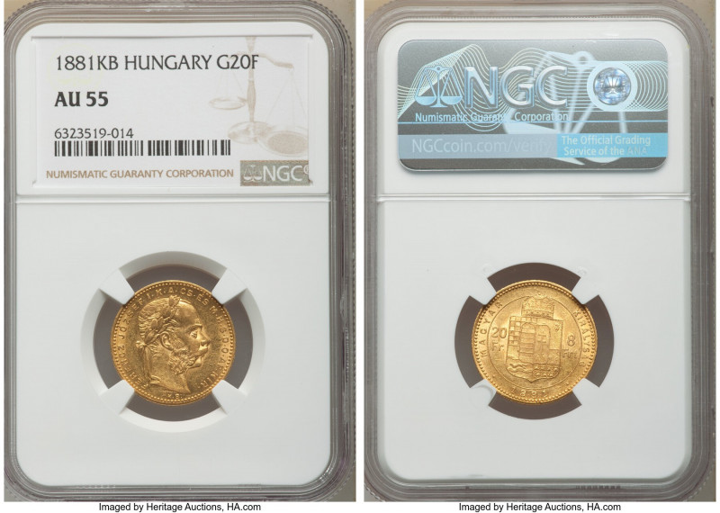 Franz Joseph I gold 8 Forint (20 Francs) 1881-KB AU55 NGC, Kremnitz mint, KM467....