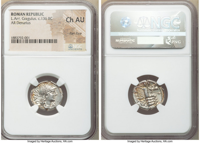 L. Antestius Gragulus (136 BC). AR denarius (20mm, 2h). NGC Choice AU, flan flaw...