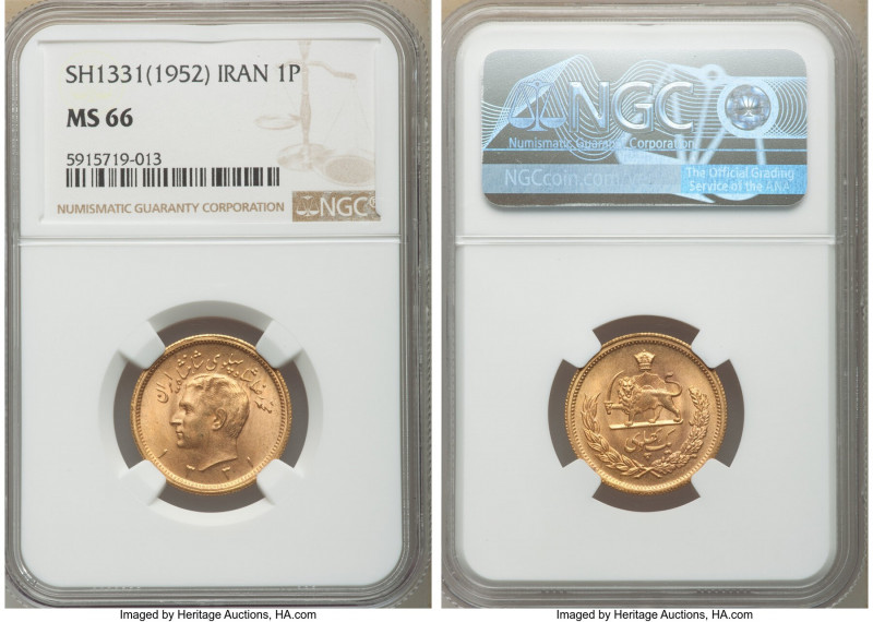 Muhammad Reza Pahlavi gold Pahlavi SH 1331 (1952) MS66 NGC, KM1162. AGW 0.2354 o...