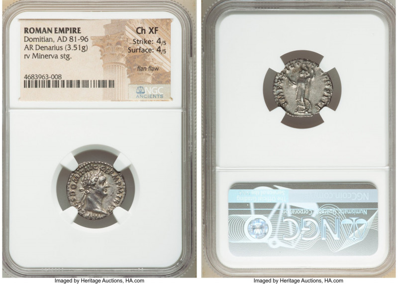 Domitian (AD 81-96). AR denarius (18mm, 3.51 gm, 6h). NGC Choice XF 4/5 - 4/5, f...