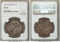 Johann II 5 Franken 1924 AU58 NGC, Bern mint, KM-Y10, Dav-217. Peach tinted anthracite toning. 

HID09801242017

© 2022 Heritage Auctions | All Ri...