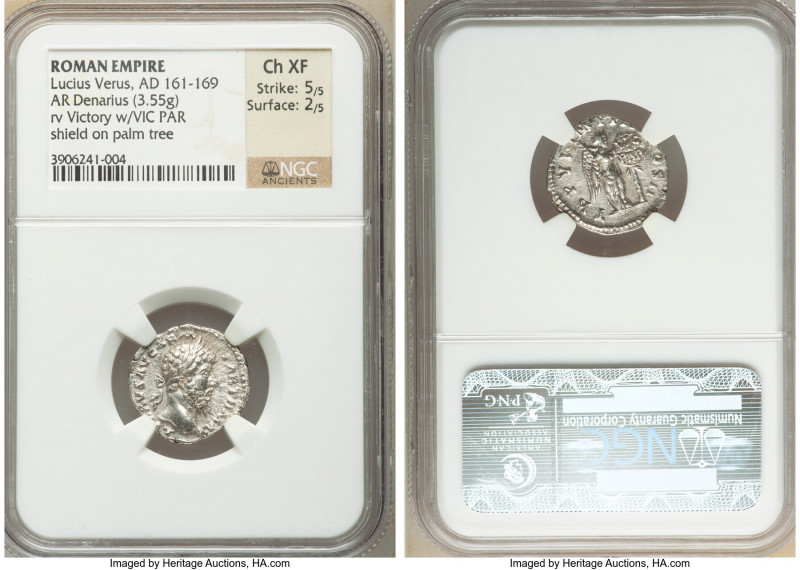 Lucius Verus (AD 161-169). AR denarius (18mm, 3.55 gm, 5h). NGC Choice XF 5/5 - ...