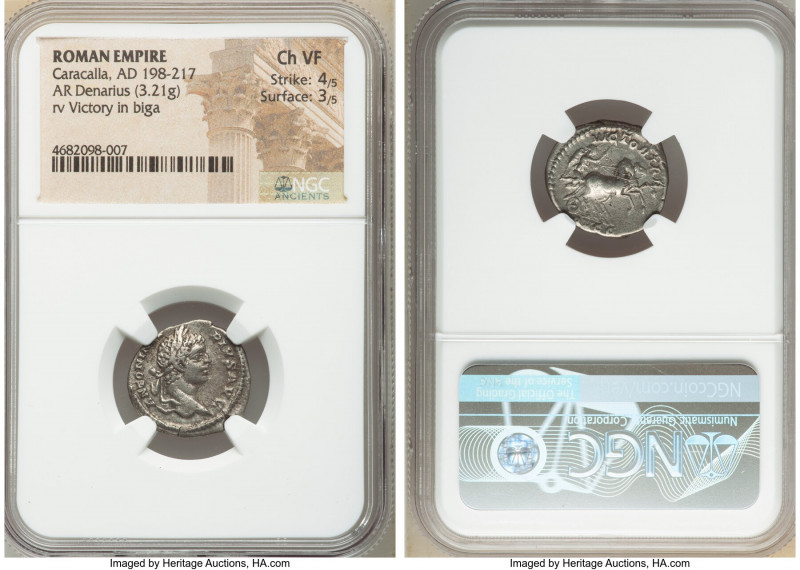 Caracalla (AD 198-217). AR denarius (18mm, 3.21 gm, 6h). NGC Choice VF 4/5 - 3/5...