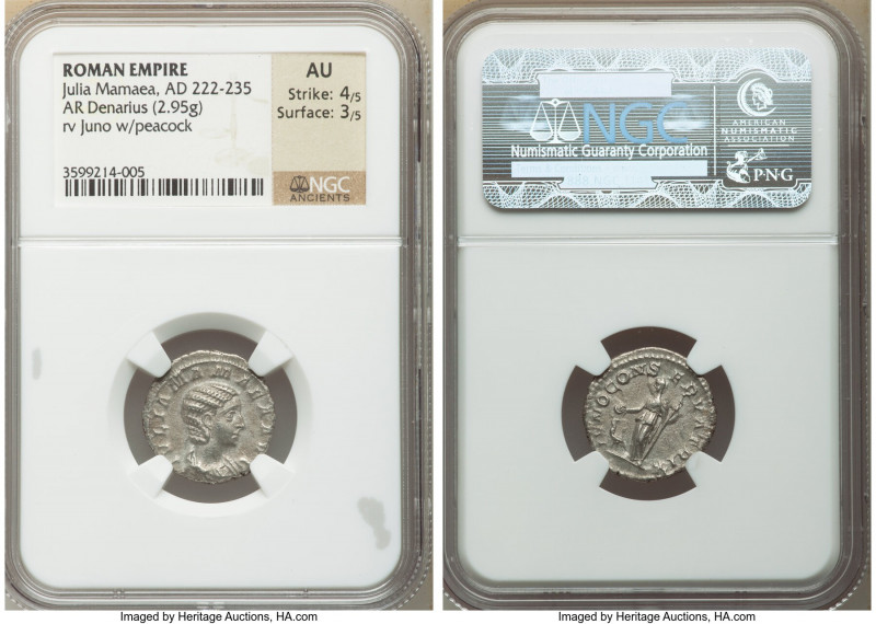 Julia Mamaea (AD 222-235). AR denarius (18mm, 2.95 gm, 1h). NGC AU 4/5 - 3/5. Ro...