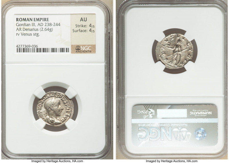 Gordian III (AD 238-244). AR denarius (20mm, 2.64 gm, 7h). NGC AU 4/5 - 4/5. Rom...