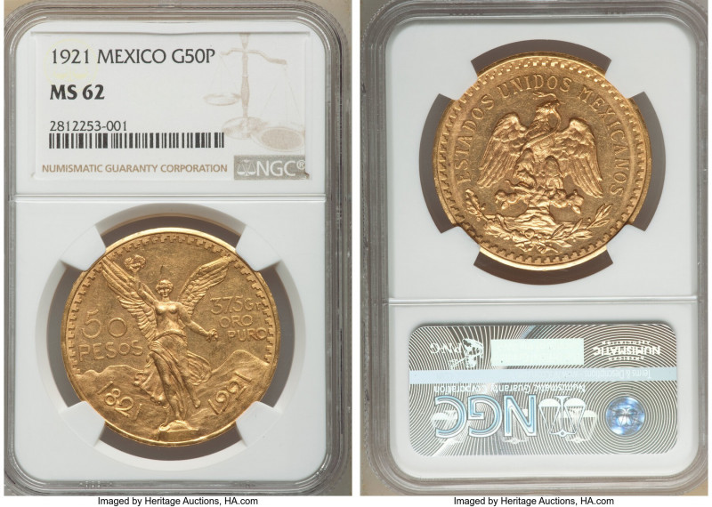 Estados Unidos gold 50 Pesos 1921 MS62 NGC, Mexico City mint, KM481. Fr-172. AGW...