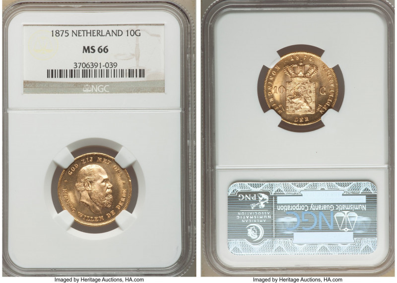 Willem III gold 10 Gulden 1875 MS66 NGC, Utrecht mint, KM105. AGW 0.1947 oz. 
...