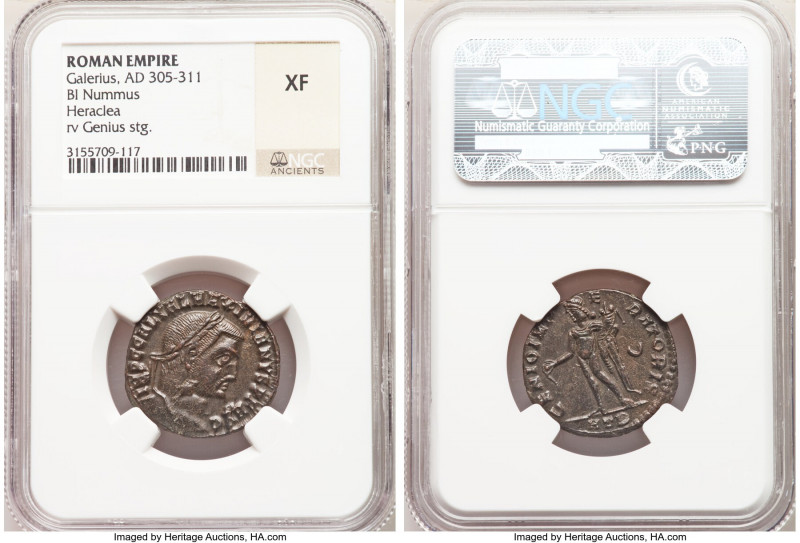 Galerius (AD 305-311). BI follis or nummus (23mm, 12h). NGC XF. Heraclea, 2nd of...