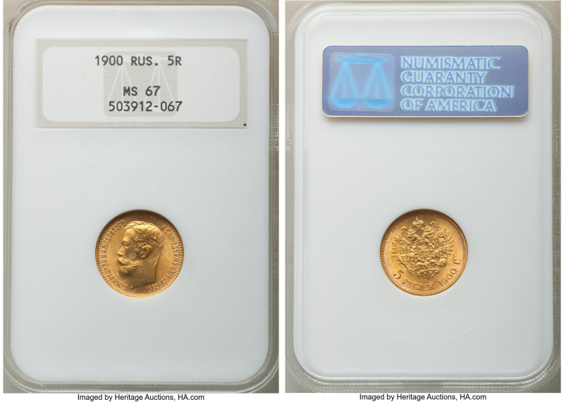 Nicholas II gold 5 Roubles 1900-ФЗ MS67 NGC, St. Petersburg mint, KM-Y62. A supe...