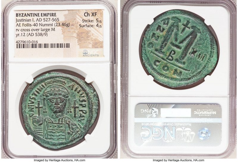 Justinian I the Great (AD 527-565). AE follis or 40 nummi (40mm, 23.46 gm, 7h). ...