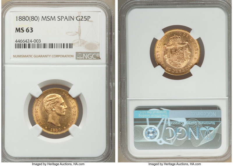 Alfonso XII gold 25 Pesetas 1880(80) MS-M MS63 NGC, Madrid mint, KM673. AGW 0.23...