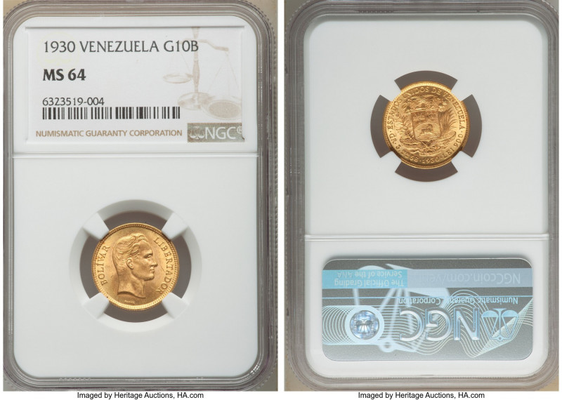 Republic gold 10 Bolivares 1930-(p) MS64 NGC, Philadelphia mint, KM-Y31. AGW 0.0...
