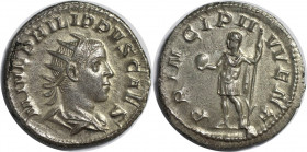 Römische Münzen, MÜNZEN DER RÖMISCHEN KAISERZEIT. Philipp II. als Caesar. Antoninianus 244-246 n. Chr. Silber. 4,22 g. RIC 218(d), C.48. Auktion 41/02...