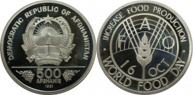 Weltmünzen und Medaillen, Afghanistan. Welternährungstag. 500 Afghanis 1981. 9,06 g. 0.900 Silber. 0.26 OZ. KM 1002. Polierte Platte