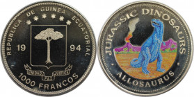 Weltmünzen und Medaillen, Äquatorial Guinea / Equatorial Guinea. Jurassic Dinosaurier. 1000 Francos 1994. Kupfer-Nickel. KM 87. Stempelglanz