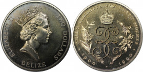 Weltmünzen und Medaillen, Belize. 90. Jahrestag - Geburt der Königinmutter. 2 Dollars 1990. Kupfer-Nickel. KM 100. Stempelglanz