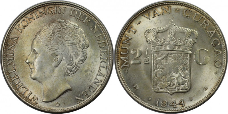 Weltmünzen und Medaillen, Curaçao. Wilhelmina (1890-1948). 2-1/2 Gulden 1944. Si...