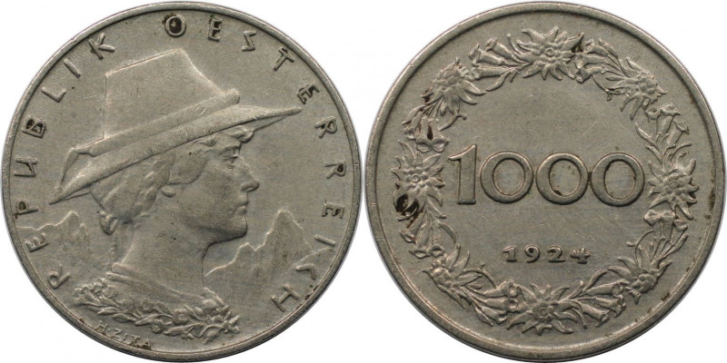 RDR – Habsburg – Österreich, REPUBLIK ÖSTERREICH. 1000 Kronen 1924. Kupfer-Nicke...