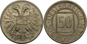 RDR – Habsburg – Österreich, REPUBLIK ÖSTERREICH. 50 Groschen (Nachtschilling) 1934. Kupfer-Nickel. KM 2850. Stempelglanz. Seltener