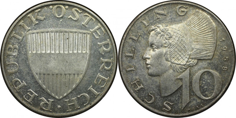 RDR – Habsburg – Österreich, REPUBLIK ÖSTERREICH. 10 Schilling 1958. Silber. KM ...