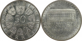 RDR – Habsburg – Österreich, REPUBLIK ÖSTERREICH. 150 Jahre Österreichische Nationalbank. 50 Schilling 1966. 20,0 g. 0.900 Silber. 0.58 OZ. KM 2900. S...