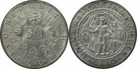 RDR – Habsburg – Österreich, REPUBLIK ÖSTERREICH. 300 Jahre Universität Innsbruck. 50 Schilling 1970. 20,0 g. 0.900 Silber. 0.58 OZ. KM 2908. Stempelg...