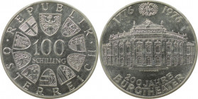 RDR – Habsburg – Österreich, REPUBLIK ÖSTERREICH. 200 Jahre Burgtheater. 100 Schilling 1976. 24,0 g. 0.640 Silber. 0.49 OZ. KM 2930. Stempelglanz...