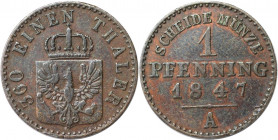 Altdeutsche Münzen und Medaillen, BRANDENBURG IN PREUSSEN. Friedrich Wilhelm IV. (1840-1861). 1 Pfennig 1847 A. Kupfer. Jaeger 46, AKS 92. Sehr Schön...