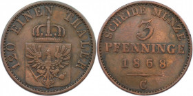 Altdeutsche Münzen und Medaillen, BRANDENBURG IN PREUSSEN. Wilhelm I. (1861-1888). 3 Pfennig 1868 C. Kupfer. KM 482. Fast Vorzüglich
