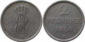 Altdeutsche Münzen und Medaillen, HANNOVER. Ernst August (1837-1851). 2 Pfennig 1850 B. Kupfer. Jaeger 75, AKS 124. Sehr Schön