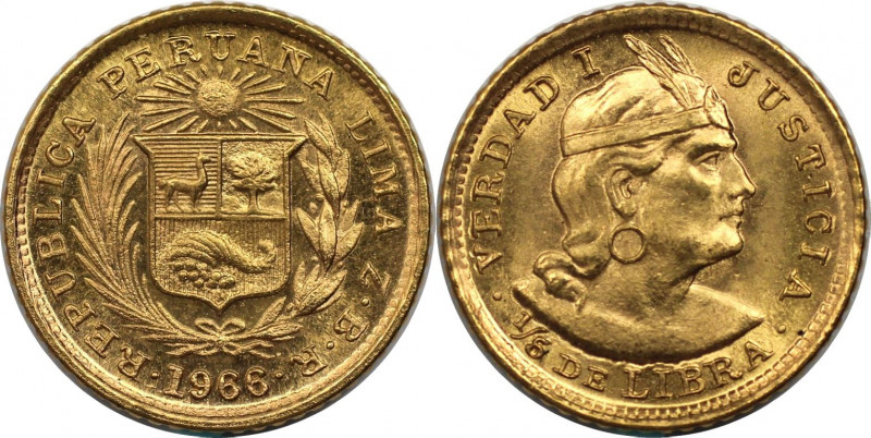 Weltmünzen und Medaillen, Peru. 1/5 Libra 1966. 1,59 g. 0.917 Gold. 0.05 OZ. Ste...