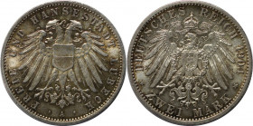 Deutsche Münzen und Medaillen ab 1871, REICHSSILBERMÜNZEN, Lübeck. 2 Mark 1904 A. Silber. KM 212, Jaeger 81, AKS 6. Stempelglanz.