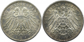 Deutsche Münzen und Medaillen ab 1871, REICHSSILBERMÜNZEN, Lübeck. 3 Mark 1908 A. Silber. Jaeger 82. Vorzüglich.