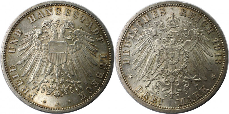 Deutsche Münzen und Medaillen ab 1871, REICHSSILBERMÜNZEN, Lübeck. 3 Mark 1913 A...