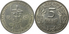 Deutsche Münzen und Medaillen ab 1871, WEIMARER REPUBLIK. 5 Reichsmark 1925 A, auf die 1000-Jahrfeier der Rheinlande. Silber. Jaeger 322. Vorzüglich....
