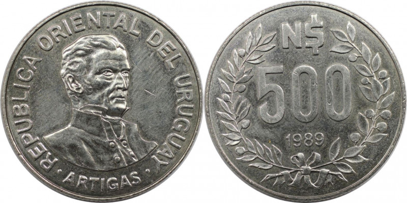 Weltmünzen und Medaillen, Uruguay. Jose Artigas. 500 Nuevos Pesos 1989. Kupfer-N...