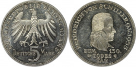 Deutsche Münzen und Medaillen ab 1945, BUNDESREPUBLIK DEUTSCHLAND. 5 Mark 1955 F, zum 150. Todestag von Friedrich von Schiller. Silber. Jaeger 389. Vo...