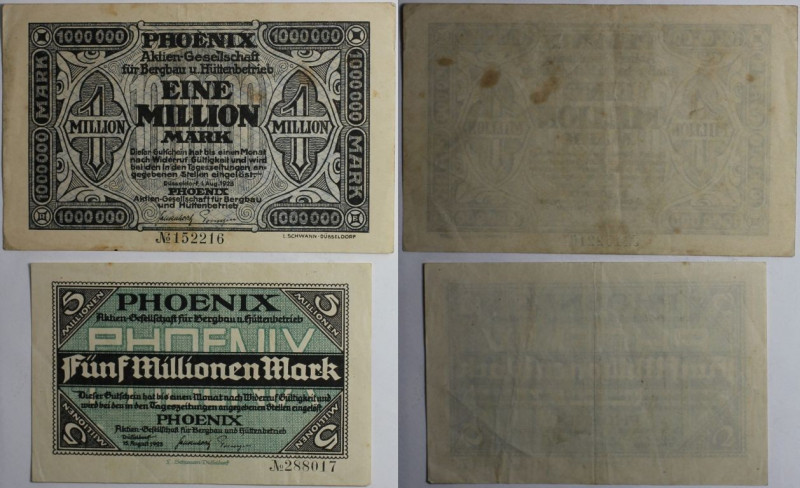 Banknoten, Deutschland / Germany. Notgeld Stadt Düsseldorf. 1 Million Mark, 5 Mi...