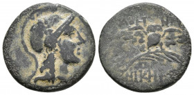 MISIA, Pérgamo. Ae18. (Ae. 3,46g/18mm). 200-133 a.C. (SNG Copenhagen 388). Anv: Cabeza de Atenea a derecha. Rev: Búho estante de frente sobre palma co...