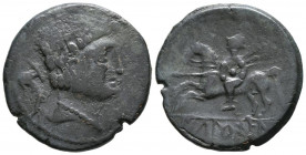 ICALCUSCEN (Iniesta, Cuenca). As. (Ae. 9,12g/26mm). 120-20 a.C. (FAB-1399). Anv: Cabeza masculina a derecha, detrás delfín. Rev: Jinete con lanza y es...