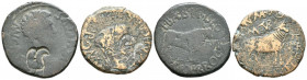 Interesante conjunto de dos monedas íberas de las cecas de Calagurris y Turiaso, ambas con resellos de cabezas de águila. A EXAMINAR.