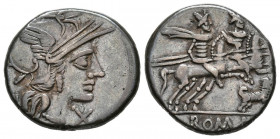 ACUÑACIONES ANONIMAS. Denario. (Ar. 3,81g/18mm). 200-195 a.C. Roma. (FFC 49; Crawford 122/2). Anv: Cabeza de Roma a derecha, delante X. Rev: Dioscuros...