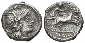 ACUÑACIONES ANONIMAS. Denario. (Ar. 3,47g/16mm). 157-156 a.C. Roma. (Crawford 197/1; FFC 77). Anv: Cabeza de Roma a derecha, detrás X. Rev: Victoria c...