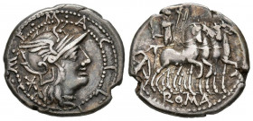 GENS ACILIA. Denario. (Ar. 3,91g/19mm). 130 a.C. Roma. (FFC 93; Crawford 255/1). Anv: Cabeza de Roma a derecha, detrás estrella, entre dos gráfila de ...
