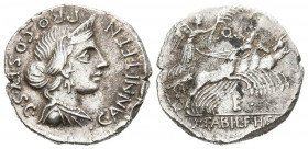 GENS ANNIA. Denario. (Ar. 3,87g/19mm). 82-81 a.C. Hispania. (Crawford 366/2b; FFC 141). Anv: Busto diademado de Anna Perenna a derecha, alrededor leye...