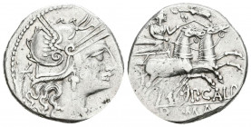 GENS CALPURNIA. Denario. (Ar. 3,84g/20mm). 133 a.C. (FFC 225; Crawford 247/1). Anv: Cabeza de Roma a derecha, detrás estrella. Rev: Mujer con látigo s...